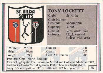 1992 AFL Regina #28 Tony Lockett Back